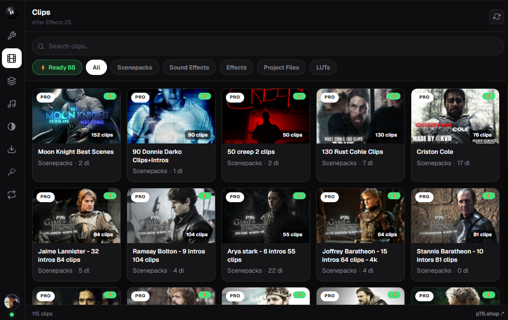 The Veel+ panel inside After Effects — browsing Ready-4K clips